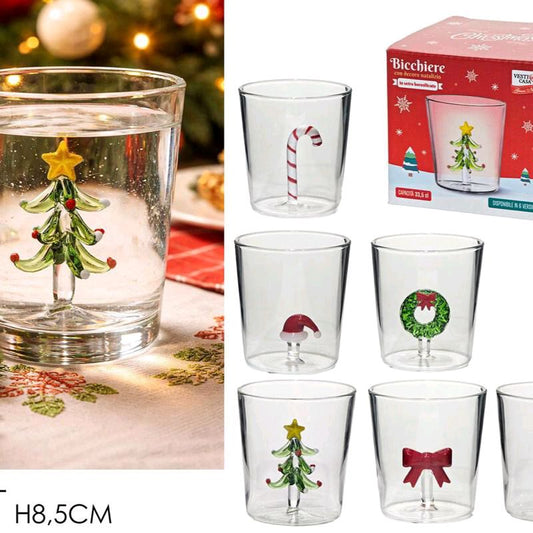 6 bicchieri in vetro natalizi con possibilità  di acquistare anche la brocca in vetro borosilicato il soggetto è in 3d in vetro