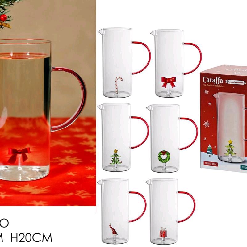 6 bicchieri in vetro natalizi con possibilità  di acquistare anche la brocca in vetro borosilicato il soggetto è in 3d in vetro